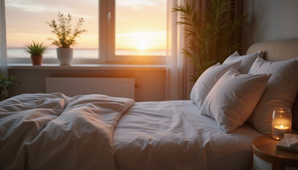 Quiet hopeful detox bedroom at sunrise, minimal calming decor, fresh bedding, and bedside water with tissues.