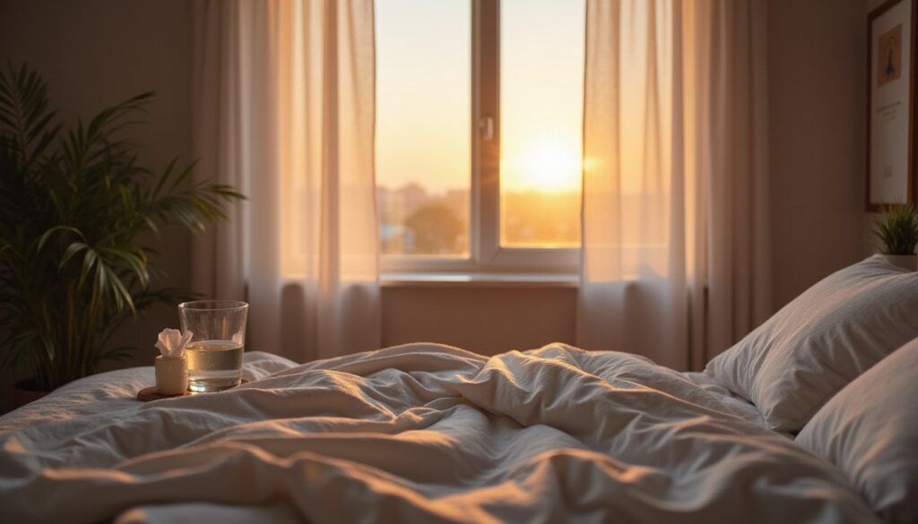 Cozy, realistic detox recovery bedroom at sunrise with soothing decor, crisp sheets, and water plus tissues at bedside.