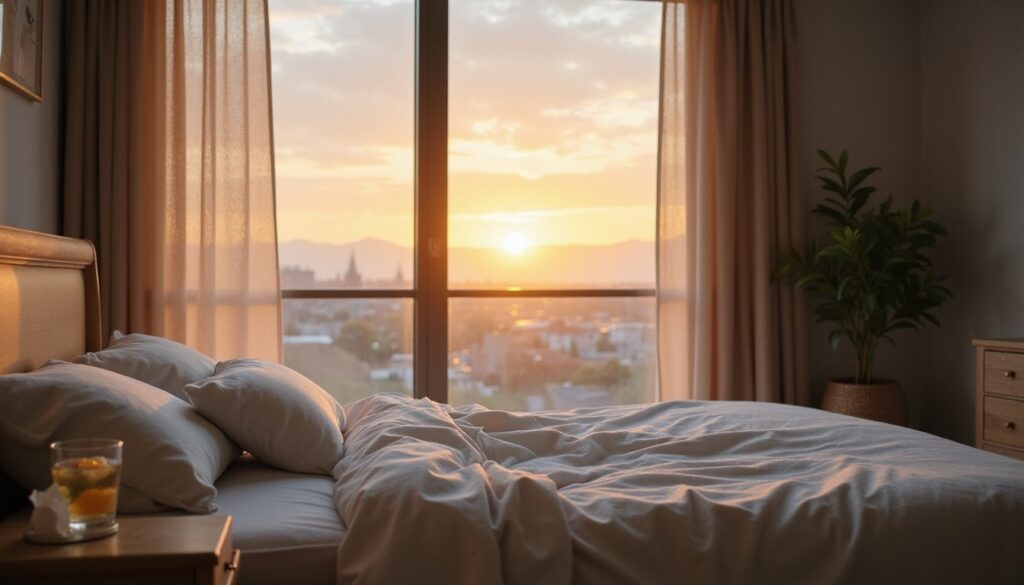 Warm sunrise ambiance in a calm residential detox bedroom, clean bed setup and a nightstand with tissues and water.