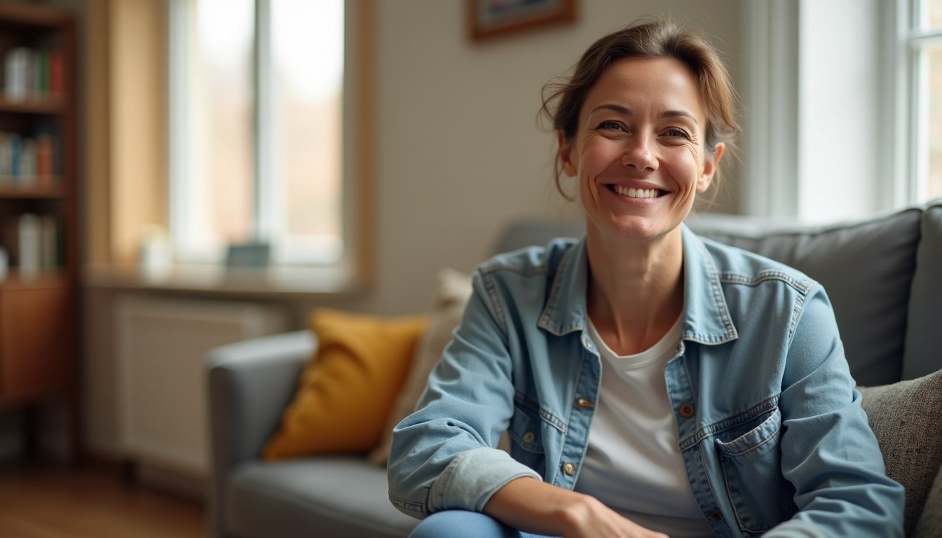 Smiling person seated indoors, close-up in a sunlit inpatient facility room.