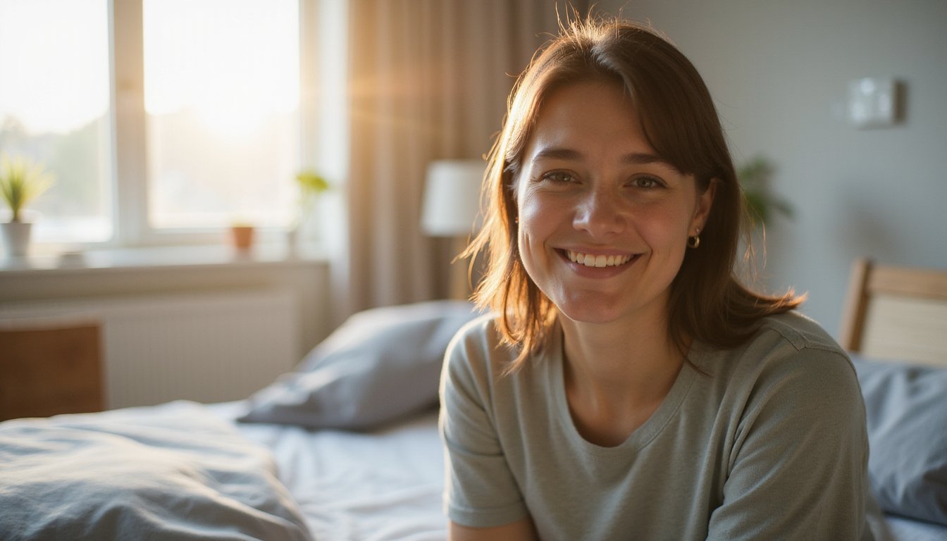 Smiling person in a sunlit inpatient setting, close-up portrait with a hopeful mood.