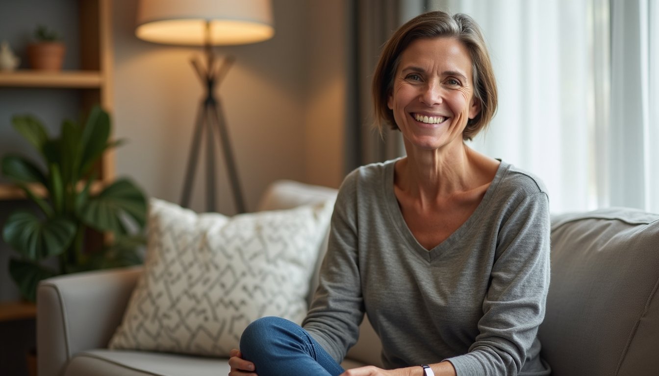 Close-up of a smiling person in a sunlit inpatient care room, relaxed and hopeful expression.