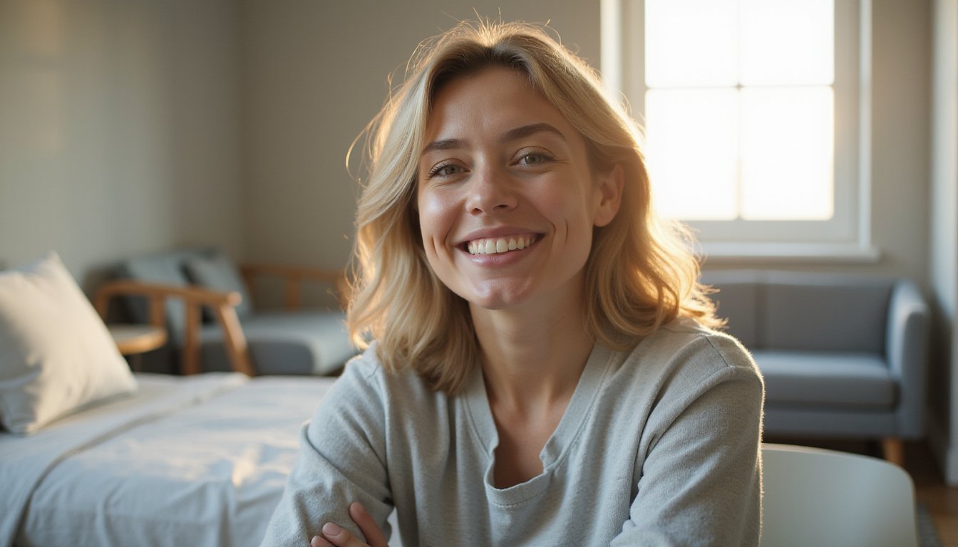 Warm sunlight illuminates a close-up of a person smiling at the camera in an inpatient room.
