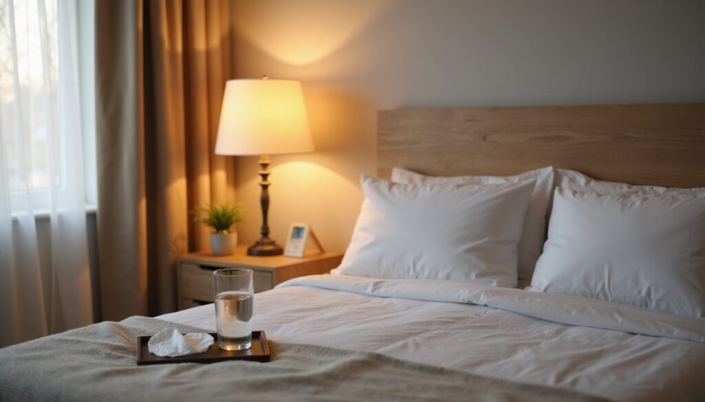 Neutral, peaceful detox bedroom in warm sunrise lighting, neatly made bed and bedside tissues with a glass of water.