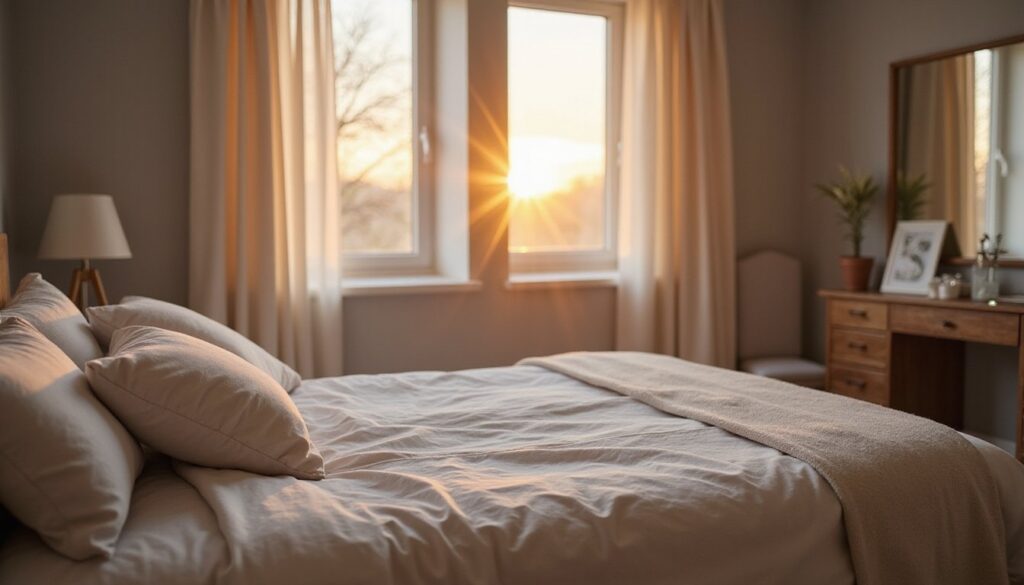 Sunrise light fills a serene residential detox bedroom, crisp white bedding and a quiet nightstand with water and tissues.