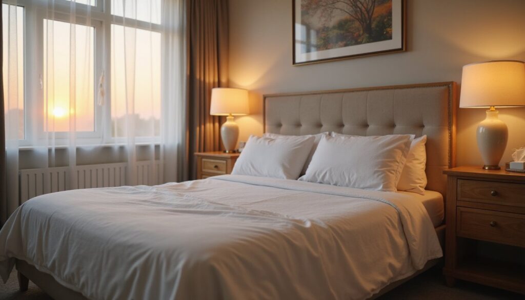 Serene detox recovery bedroom at sunrise, warm glow across fresh linens and bedside water and tissues.