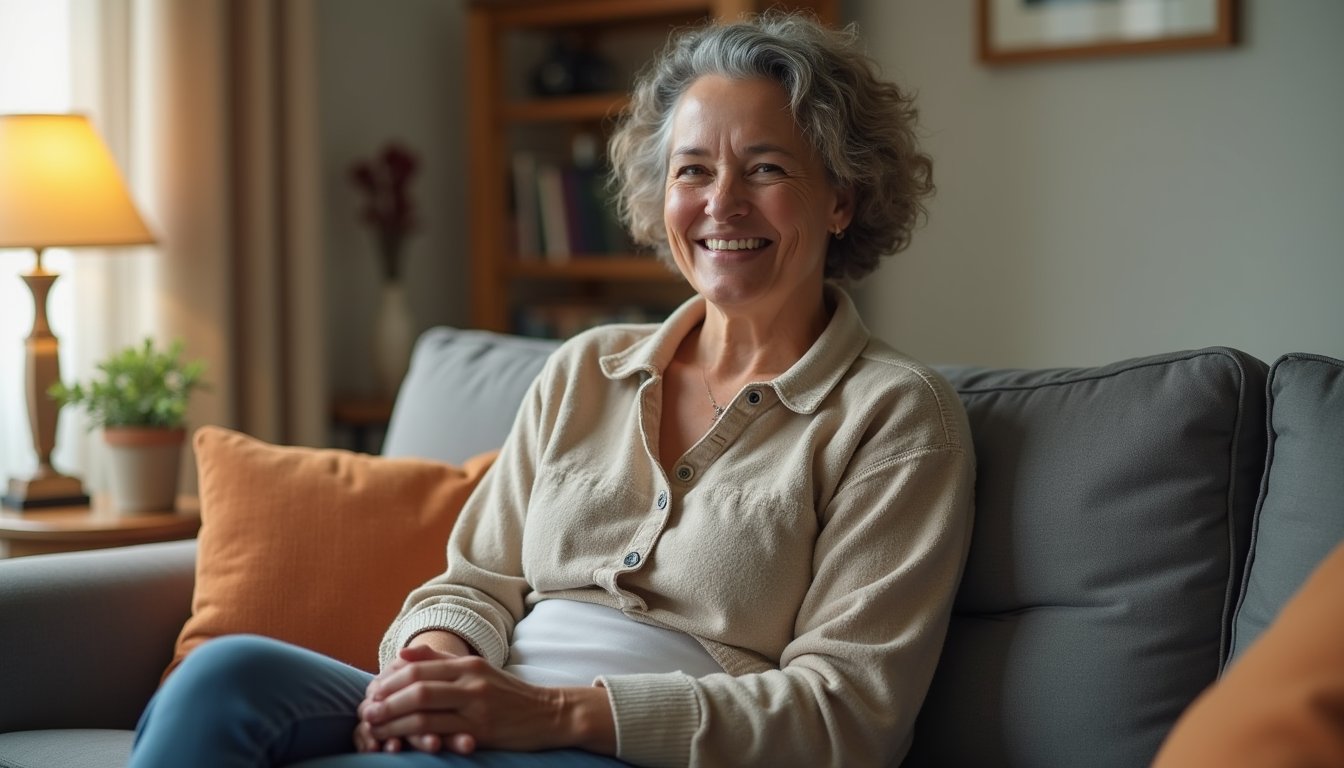 Close-up of a person smiling confidently at the camera in a sunlit inpatient facility space.