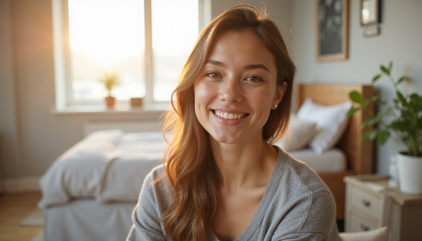 Close-up of a smiling person seated in a peaceful inpatient room, soft sunlight creating a calm, hopeful mood.