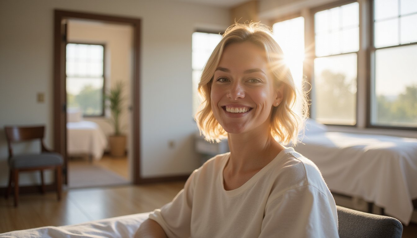 Smiling person seated comfortably in a sunlit inpatient room, close-up portrait with a warm, soothing atmosphere.