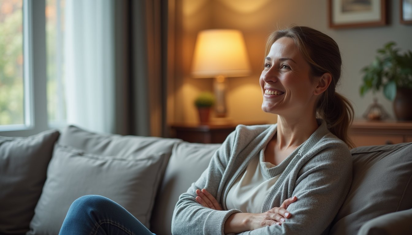 Close-up of a patient smiling at the camera, warm sunlight filling an inpatient room.