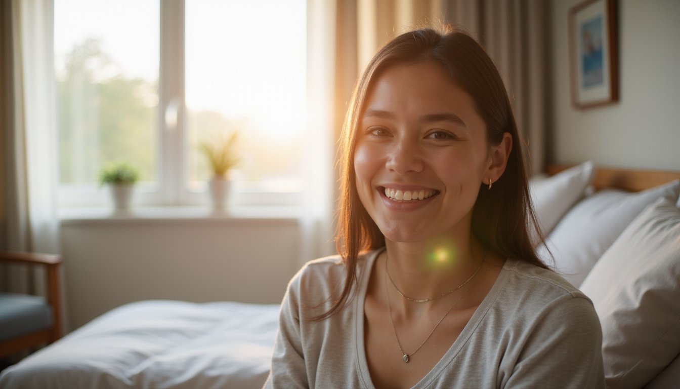 Close-up of a person smiling softly while seated in an inpatient room, sunlight adding a peaceful, supportive feel.
