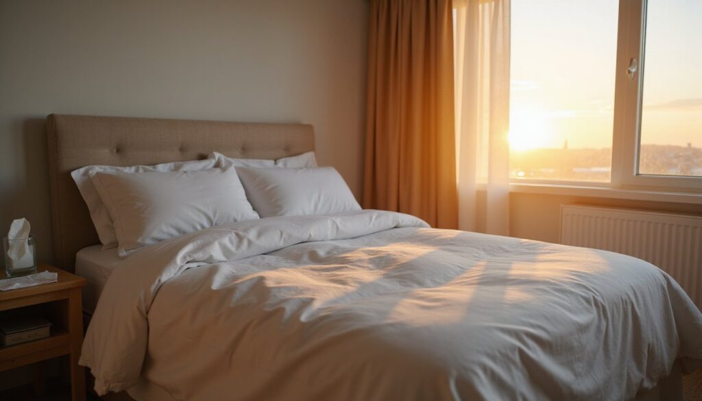 Realistic detox bedroom scene in early morning warmth, tidy bed, soothing neutral tones, water glass and tissues nearby.