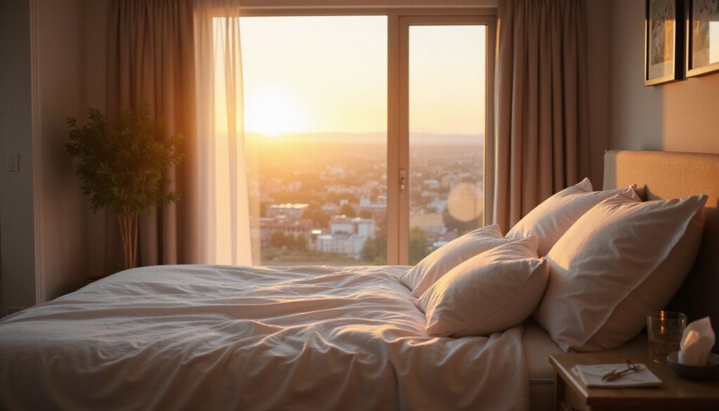 Calm detox recovery bedroom at dawn, neutral decor and soft sunlight, with water and tissues beside the bed.