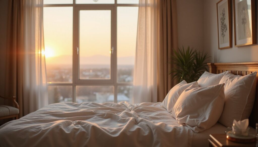 Realistic calm bedroom for residential detox at sunrise, neatly made bed and nightstand with tissues and water.