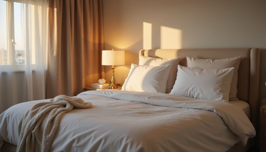 Peaceful residential detox bedroom at sunrise with clean bedding, warm light, and a nightstand holding water and tissues.