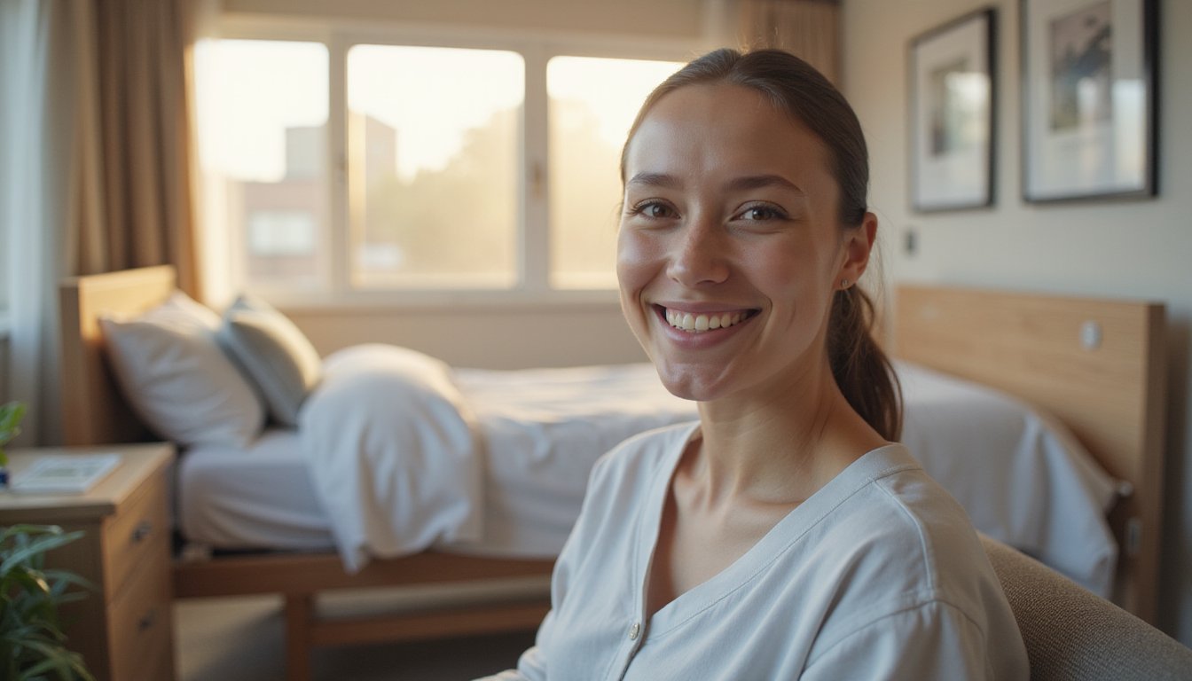 Smiling person seated in an inpatient room, close-up with gentle sunlight and peaceful vibe.