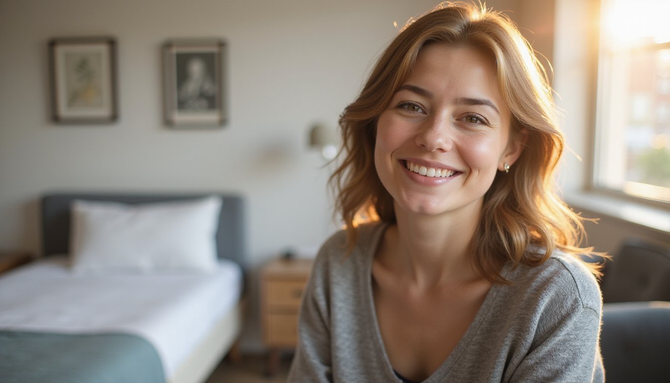 Close-up portrait of a smiling person in an inpatient room, gentle sunlight and a quiet, comforting vibe