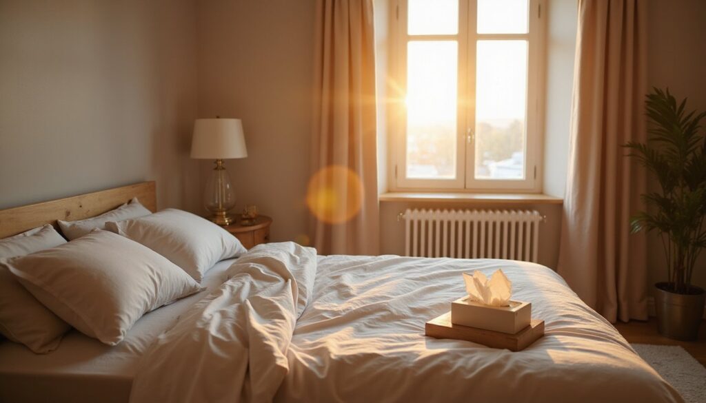 Peaceful recovery-focused bedroom at sunrise, neutral decor, tidy bedding, and a glass of water with tissues.
