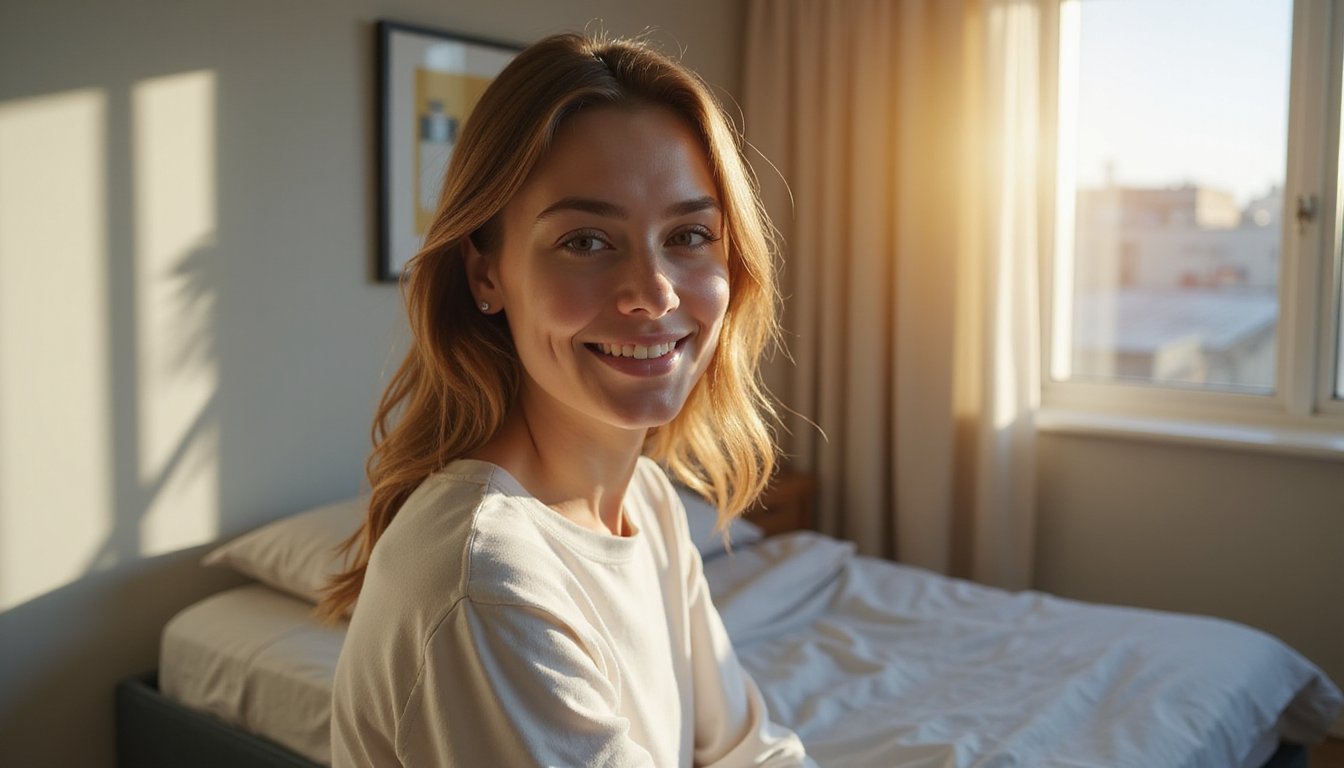 Close-up of a smiling patient in a sunlit inpatient facility room, comforting and human.